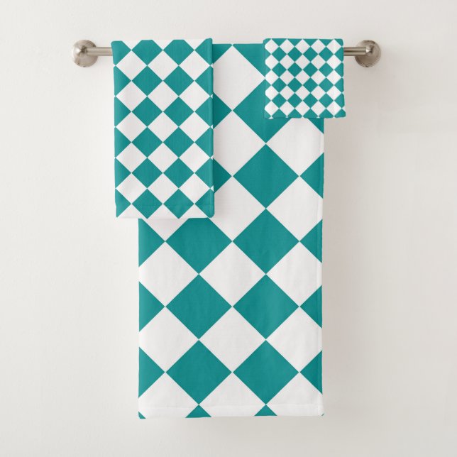 Teal White Chequered Diamond Pattern Bath Towel Set (Insitu)