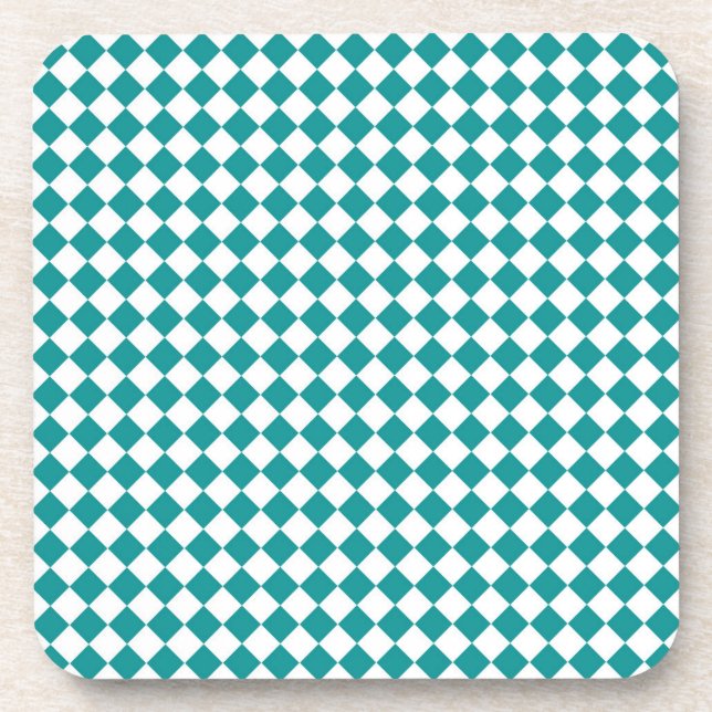 Teal White Chequered Diamond Pattern Coaster (Front)