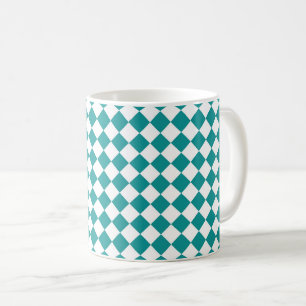 Teal White Chequered Diamond Pattern Coffee Mug