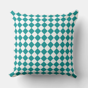Teal White Chequered Diamond Pattern Cushion