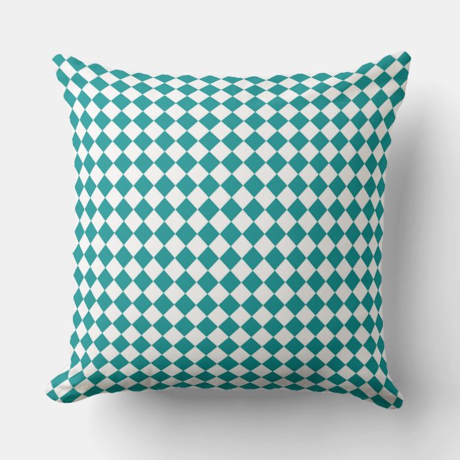 Teal White Chequered Diamond Pattern Cushion (Front)