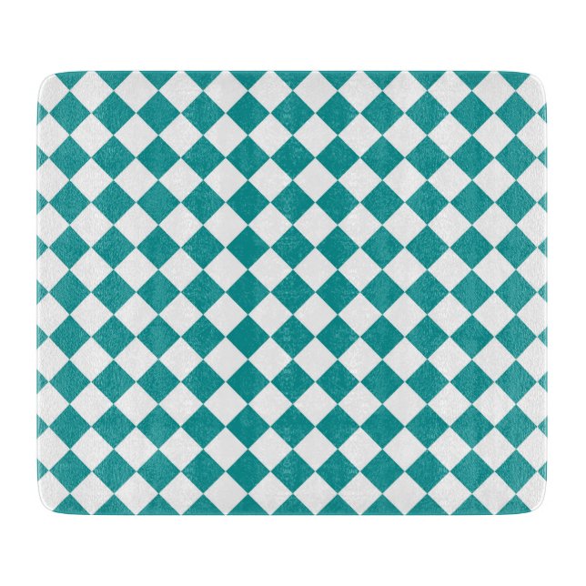 Teal White Chequered Diamond Pattern Cutting Board (Front)