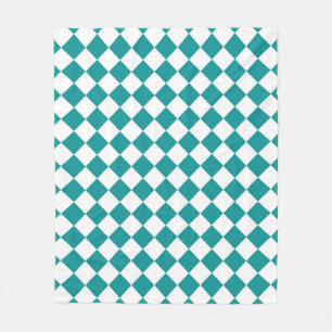 Teal White Chequered Diamond Pattern Fleece Blanket