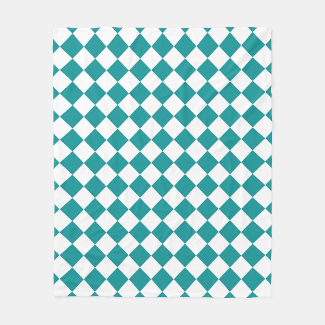 Teal White Chequered Diamond Pattern Fleece Blanket (Front)