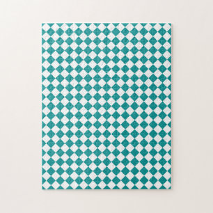Teal White Chequered Diamond Pattern Jigsaw Puzzle