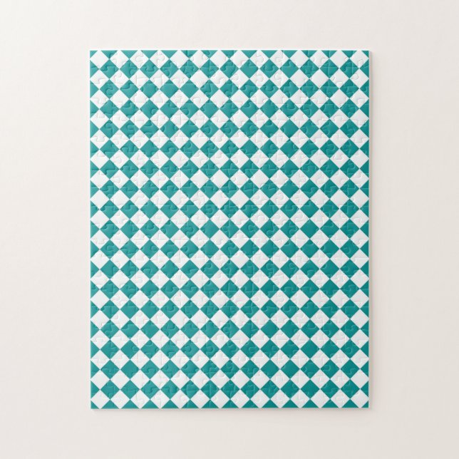 Teal White Chequered Diamond Pattern Jigsaw Puzzle (Vertical)