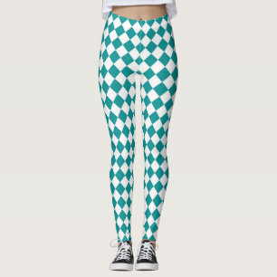 Teal White Chequered Diamond Pattern Leggings