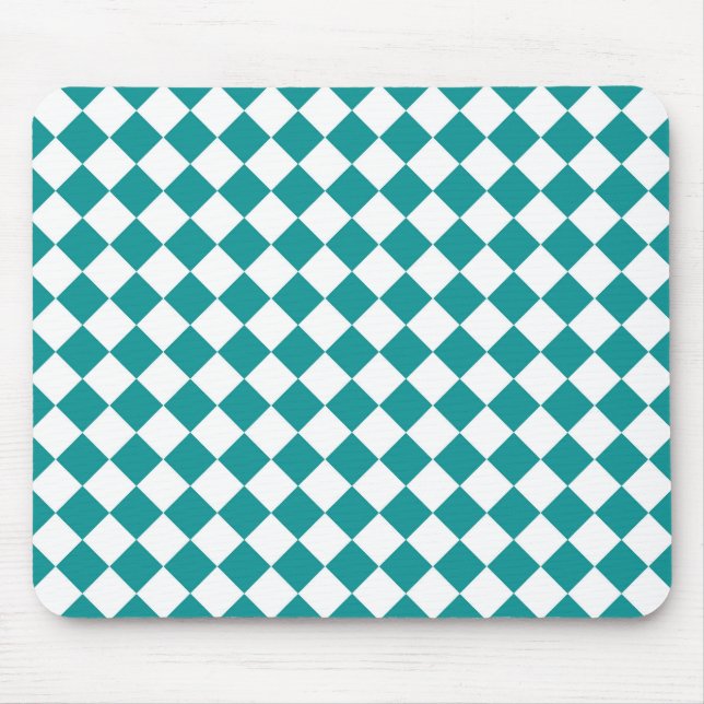 Teal White Chequered Diamond Pattern Mouse Mat (Front)