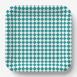 Teal White Chequered Diamond Pattern Paper Plate