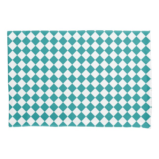 Teal White Chequered Diamond Pattern Pillowcase (Front)