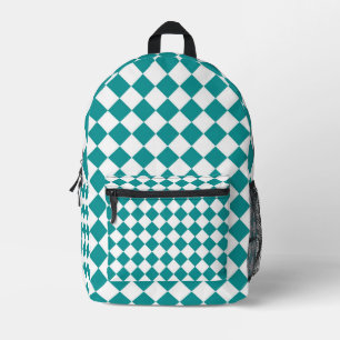 Teal White Chequered Diamond Pattern Printed Backpack