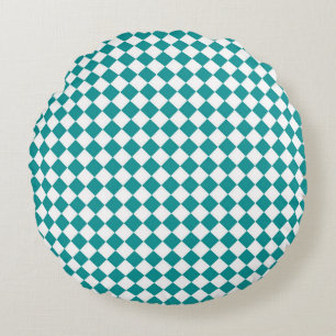 Teal White Chequered Diamond Pattern Round Cushion