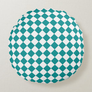 Teal White Chequered Diamond Pattern Round Cushion