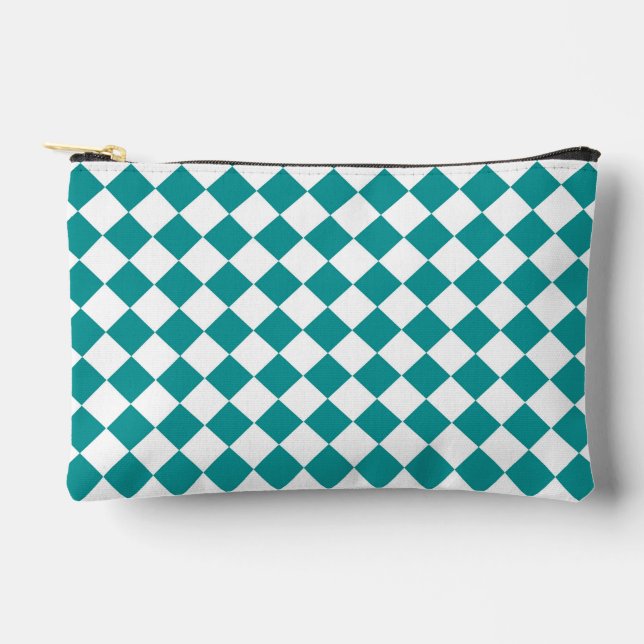 Teal White Chequered Diamond Pattern Small Accessory Pouch (Front)