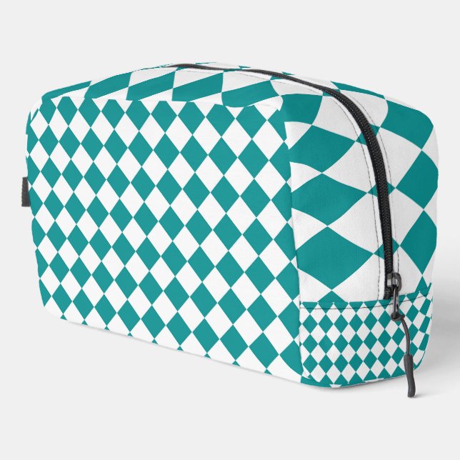 Teal White Chequered Diamond Pattern Toiletry Bag (Right Corner)