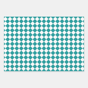 Teal White Chequered Diamond Pattern Wrapping Paper Sheet