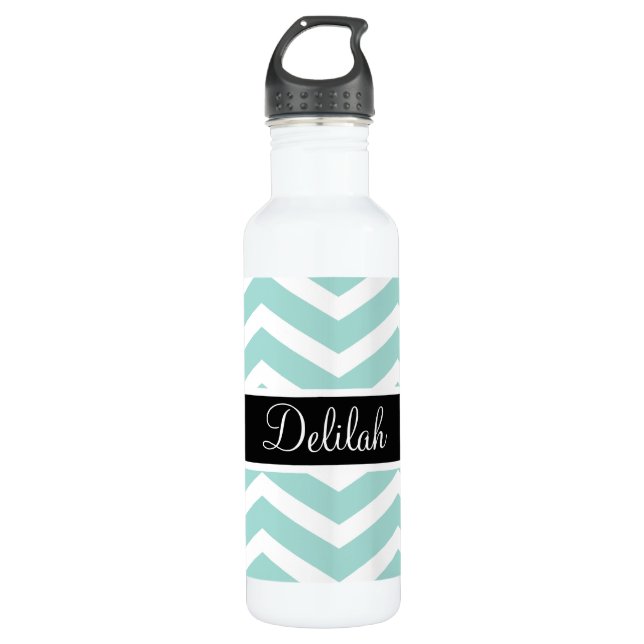 Teal White Chevron Black Name 710 Ml Water Bottle (Front)