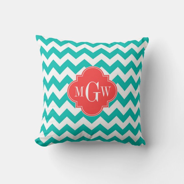 Teal White Chevron Coral Quatrefoil 3 Monogram Cushion (Front)