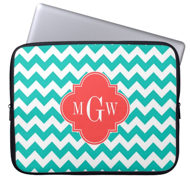 Teal White Chevron Coral Quatrefoil 3 Monogram Laptop Sleeve (Front)
