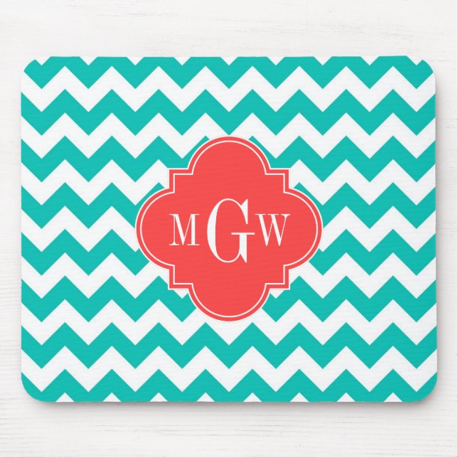 Teal White Chevron Coral Quatrefoil 3 Monogram Mouse Mat (Front)