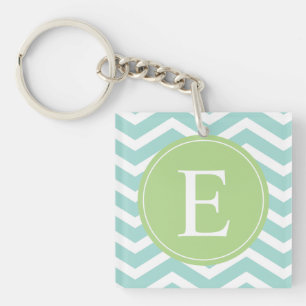 Teal White Chevron Green Monogram Key Ring