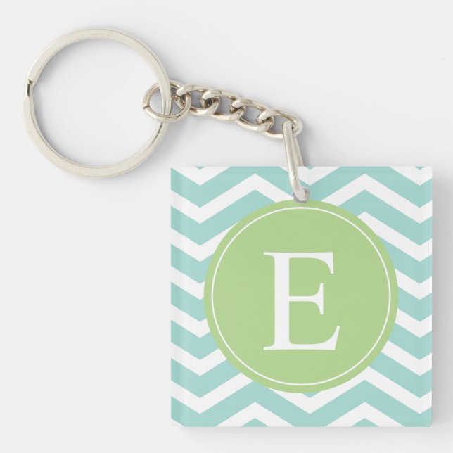 Teal White Chevron Green Monogram Key Ring (Front)