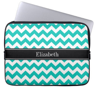 Teal White Chevron ZigZag Black Name Monogram Laptop Sleeve