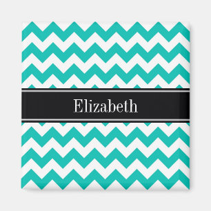 Teal White Chevron ZigZag Black Name Monogram Magnet