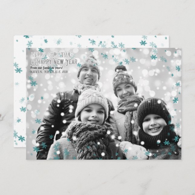Teal & White Cold Winter Snowflakes Holiday Photo Invitation (Front/Back)
