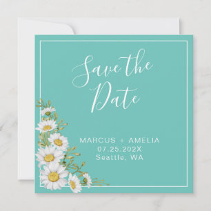 Teal & White Daisies Save the Date QR Code Announcement