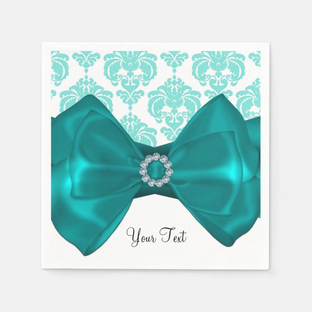 Teal & White Damask Bling Bow Glam Sweet 16 Party Napkin (Front)