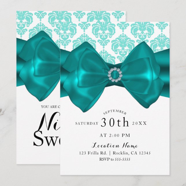 Teal & White Damask Bow Glam Chic Sweet 16 Party Invitation (Front/Back)