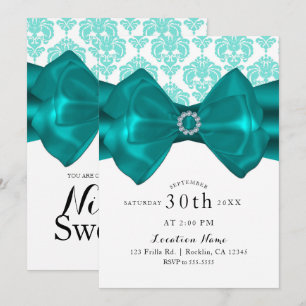 Teal & White Damask Bow Glam Chic Sweet 16 Party Invitation