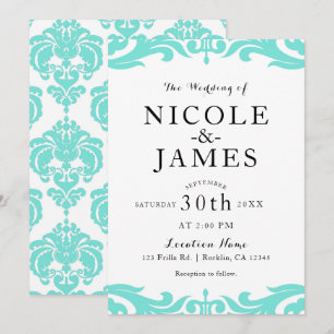 Teal & White Damask Chic Elegant Minimal Wedding Invitation