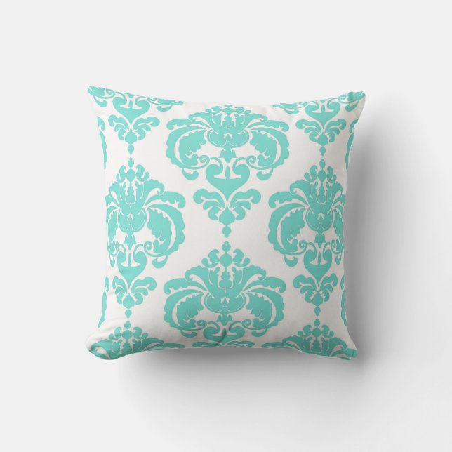Teal & White Damask Chic Modern Elegant Pattern Cushion (Front)