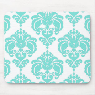 Teal & White Damask Chic Modern Elegant Pattern Mouse Mat
