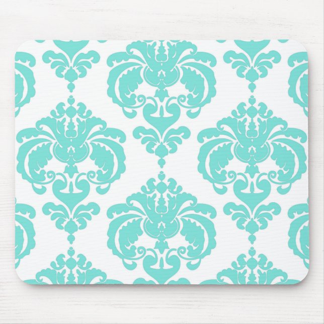 Teal & White Damask Chic Modern Elegant Pattern Mouse Mat (Front)