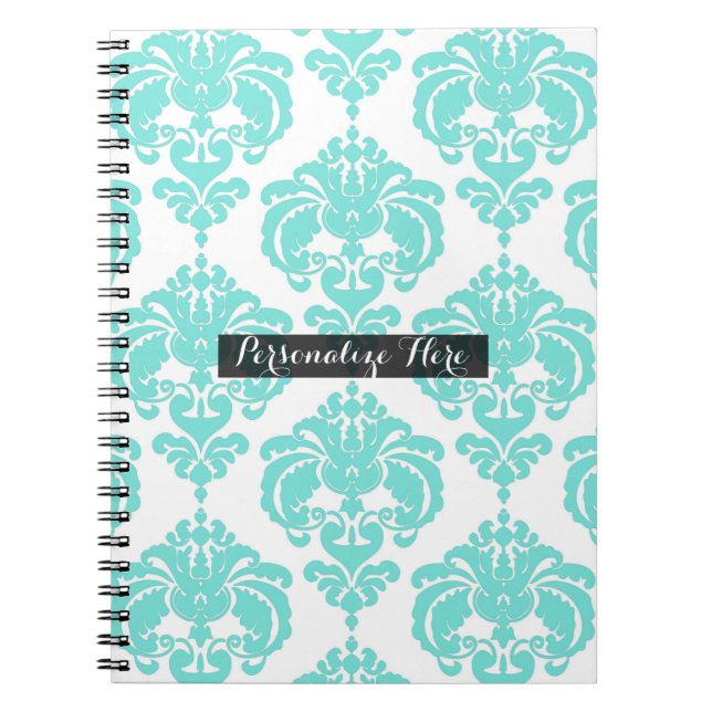 Teal & White Damask Chic Modern Elegant Pattern Notebook (Front)