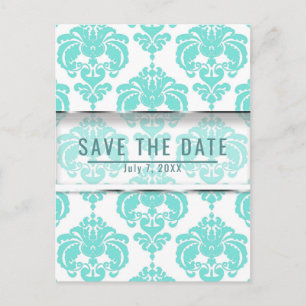 Teal  & White Damask Chic Wedding Save the Date Announcement Postcard