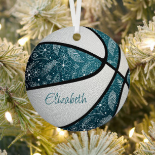 teal white doodle floral boho pattern basketball metal tree decoration