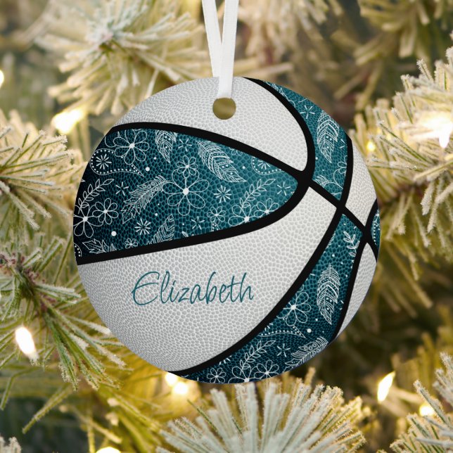 teal white doodle floral boho pattern basketball metal tree decoration (Insitu)
