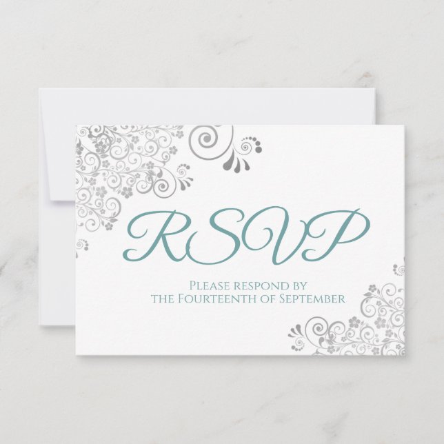 Teal & White Elegant Silver Lace Wedding RSVP Card (Front)