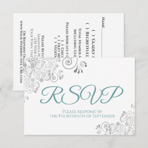 Teal & White Elegant Silver Lace Wedding RSVP Card