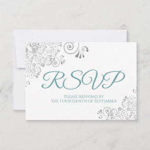 Teal & White Elegant Silver Lace Wedding RSVP Card