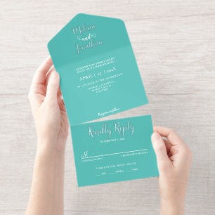 Teal White Elegant Wedding Bride and Groom Foil All In One Invitation