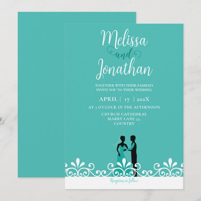 Teal White Elegant Wedding Bride and Groom Invitation (Front/Back)