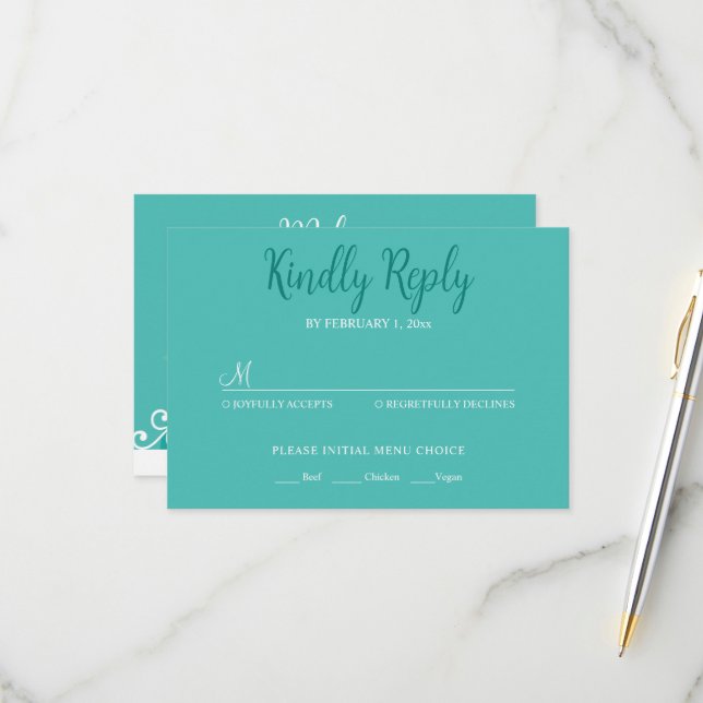 Teal White Elegant Wedding Bride and Groom RSVP Card (Front/Back In Situ)