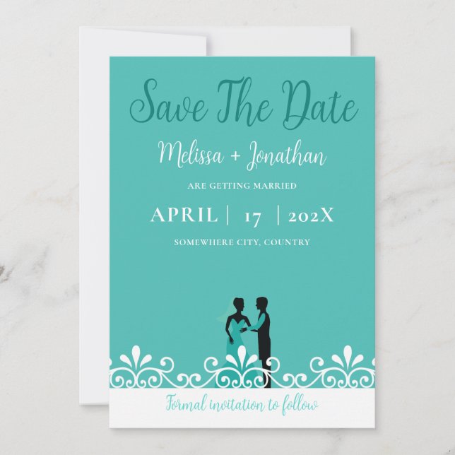 Teal White Elegant Wedding Bride and Groom Save The Date (Front)