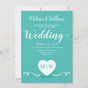 Teal White Elegant Wedding heart initials Invitation