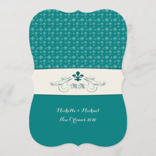 Teal White Fleur de Lis Wedding Event Invitation